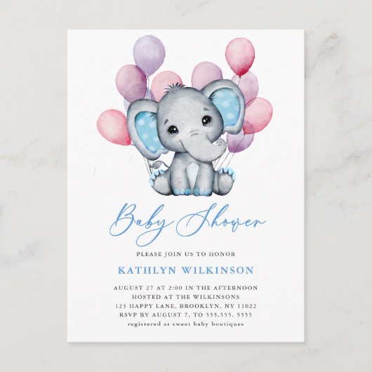 Boy olifant blauw ballon script schattig Baby show Uitnodiging Briefkaart (Voorkant)