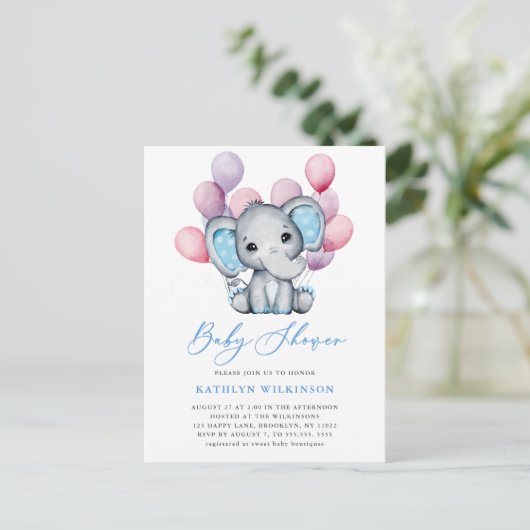 Boy olifant blauw ballon script schattig Baby show Uitnodiging Briefkaart (Staand voorkant)