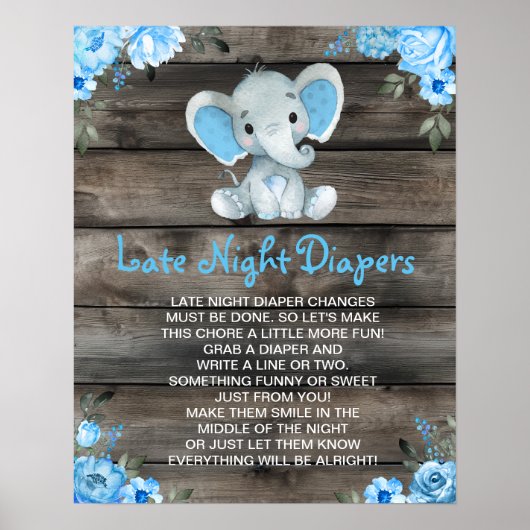Boy olifant late nacht luiers Baby shower spel Poster (Voorkant)
