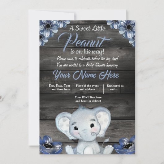 Boy olifant rustieke Baby shower uitnodiging Flora (Voorkant)