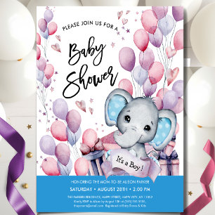 Boy Olifant Waterverf Blauwe Ballonnen Baby shower Kaart