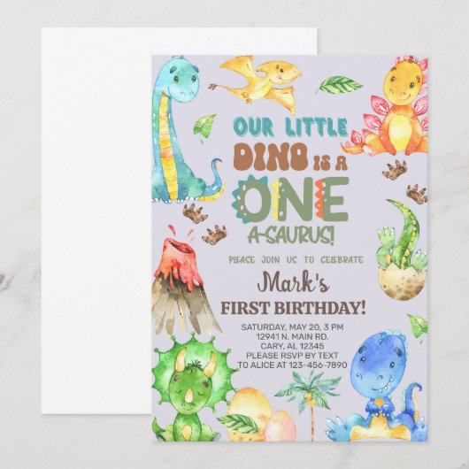 Boy ONE-A-SAURUS 1e verjaardag uitnodiging. Kaart (Voorkant / Achterkant)
