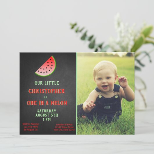 Boy One in a Melon 1st Birthday Green Invitation Kaart (Staand voorkant)