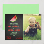 Boy One in a Melon 1st Birthday Green Invitation Kaart (Voorkant / Achterkant)