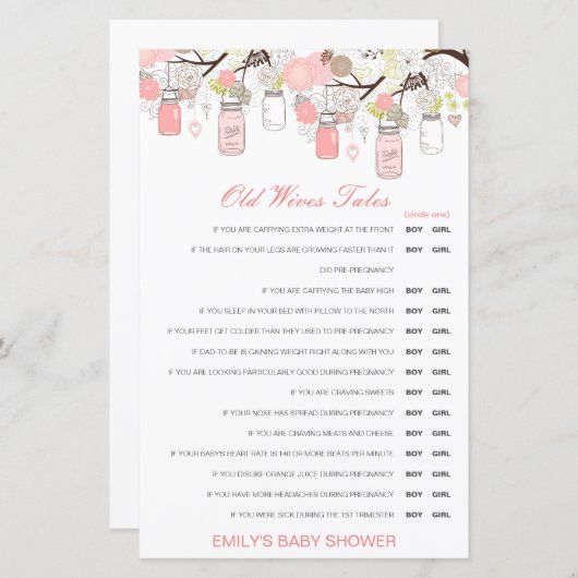 Boy or Girl Old Wives Tale Baby Shower with Answer (Voorkant / Achterkant)