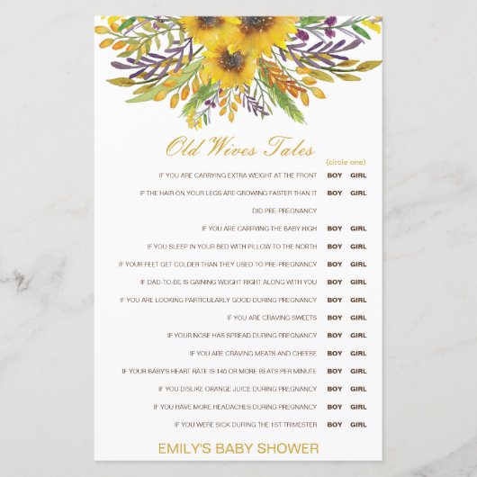 Boy or Girl Old Wives Tale Baby Shower with Answer (Voorkant)