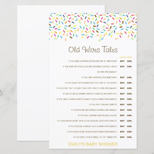 Boy or Girl Old Wives Tale Baby Shower with Answer (Voorkant / Achterkant)