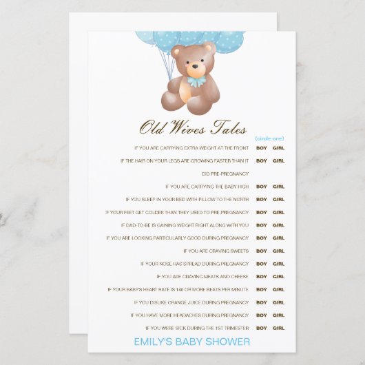 Boy or Girl Old Wives Tale Baby Shower with Answer (Voorkant / Achterkant)