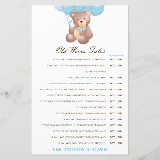 Boy or Girl Old Wives Tale Baby Shower with Answer (Voorkant)