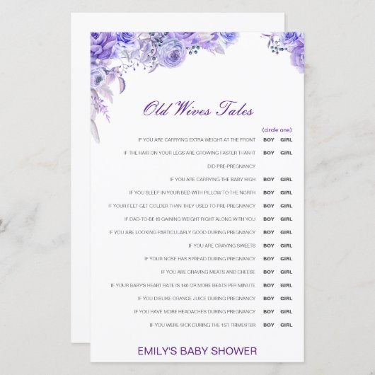 Boy or Girl Old Wives Tale Baby Shower with Answer (Voorkant / Achterkant)