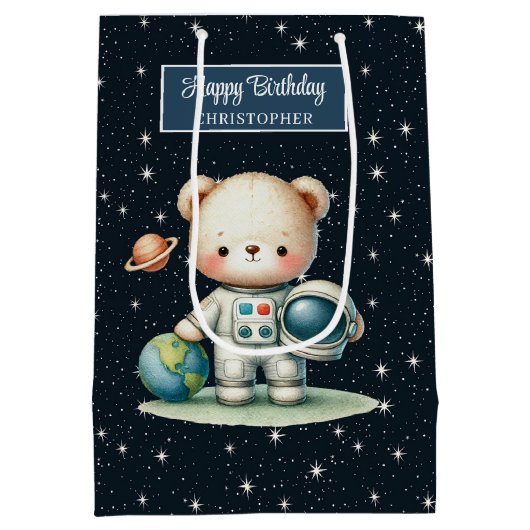 Boy Party Gift Bag met Schattigee astronaut Teddy Medium Cadeauzakje (Achterkant)