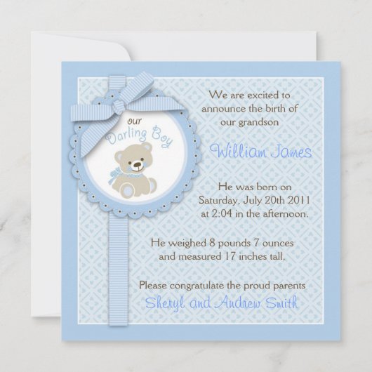 Boy Paw print poka Dots Birth Announcement Square Kaart (Achterkant)