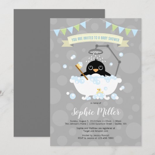 Boy Penguin Baby shower Invitation Kaart (Voorkant / Achterkant)