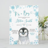 Boy Penguin Winter Snowflake Baby shower Invite Kaart (Staand voorkant)