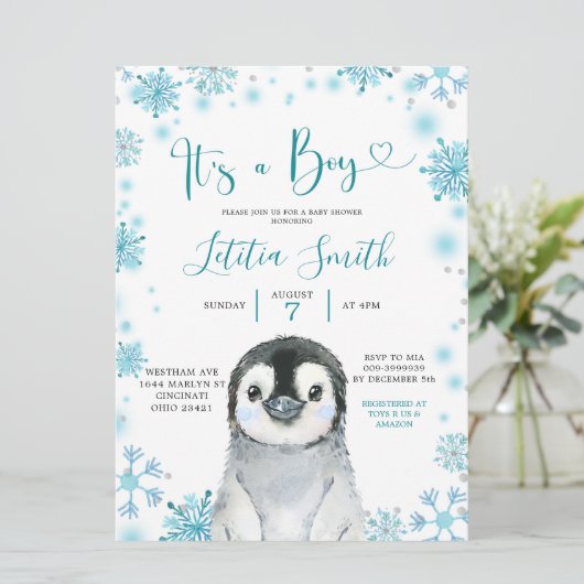 Boy Penguin Winter Snowflake Baby shower Invite Kaart (Staand voorkant)