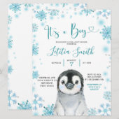 Boy Penguin Winter Snowflake Baby shower Invite Kaart (Voorkant / Achterkant)