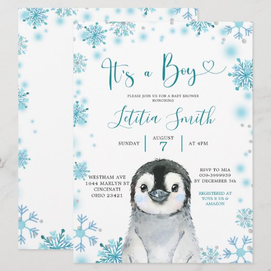 Boy Penguin Winter Snowflake Baby shower Invite Kaart (Voorkant / Achterkant)