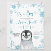 Boy Penguin Winter Snowflake Baby shower Invite Kaart (Voorkant)