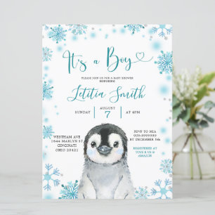 Boy Penguin Winter Snowflake Baby shower Invite Kaart