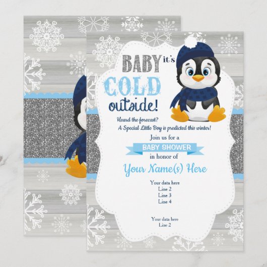 Boy Penguin Winter Uitnodiging voor het Baby showe (Voorkant / Achterkant)