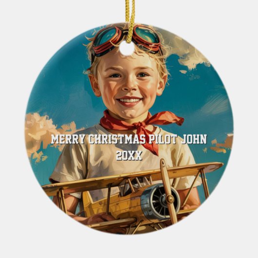Boy Pilot Aviator & Speelgoed Vliegtuig Custom XMA Keramisch Ornament (Voorkant)