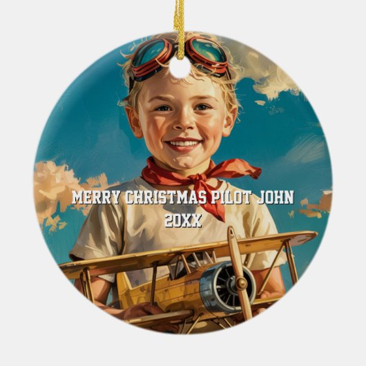 Boy Pilot Aviator & Speelgoed Vliegtuig Custom XMA Keramisch Ornament (Achterkant)