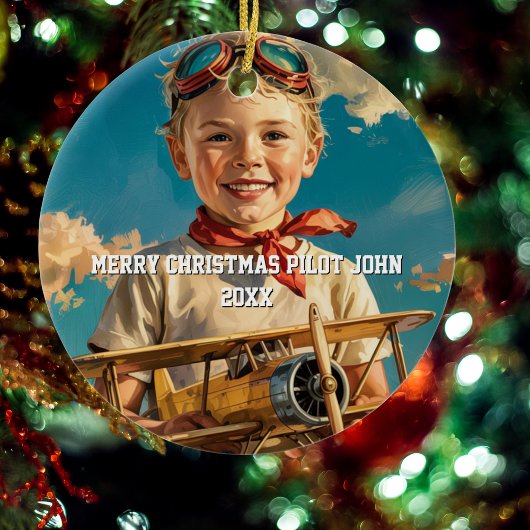 Boy Pilot Aviator & Speelgoed Vliegtuig Custom XMA Keramisch Ornament
