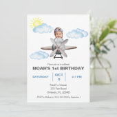 Boy Pilot, Vliegtuig & Cloud, Foto Eerste Verjaard Kaart (Staand voorkant)