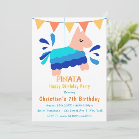 Boy Piñata 7th Birthday Invitations (Staand voorkant)
