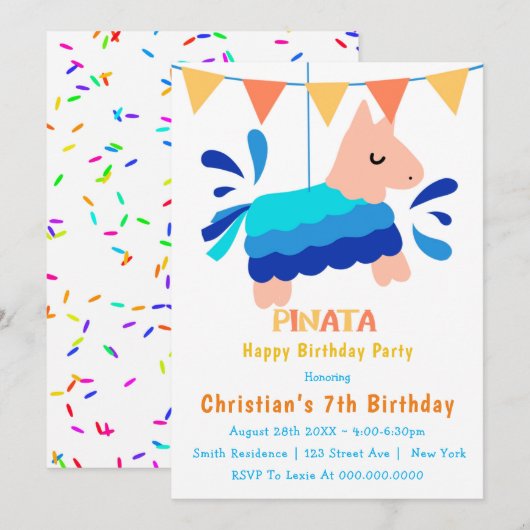 Boy Piñata 7th Birthday Invitations (Voorkant / Achterkant)