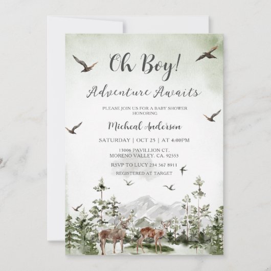 Boy Pine Tree Deer Forest Mountain Baby shower Kaart (Voorkant)