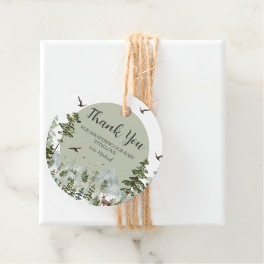 Boy Pine Tree Forest Mountain Baby shower Bedankjes Labels (In situ)