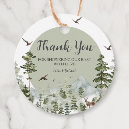 Boy Pine Tree Forest Mountain Baby shower Bedankjes Labels (Voorkant)