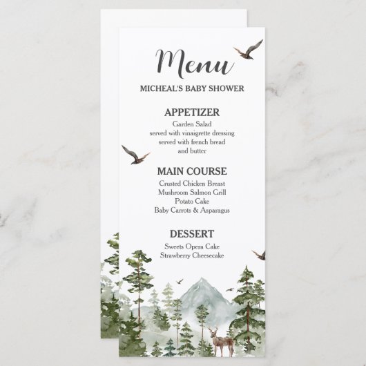 Boy Pine Tree Forest Mountain Baby shower Menu (Voorkant / Achterkant)