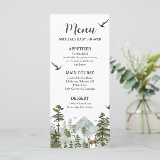 Boy Pine Tree Forest Mountain Baby shower Menu (Staand voorkant)