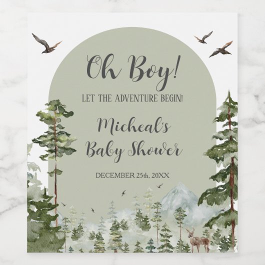 Boy Pine Tree Forest Mountain Baby shower Wijn Etiket (Enkel label)