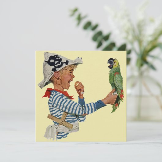  Boy Pirate Parrot, Kinderverjaardagsfeestje Kaart (Staand voorkant)