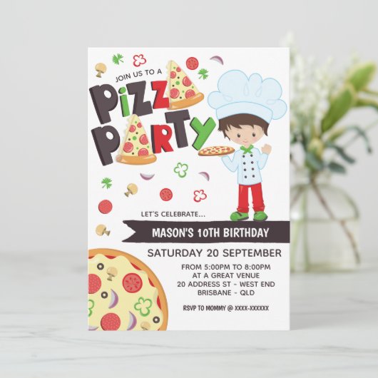 Boy Pizza Party Birthday Invitation Kaart (Staand voorkant)