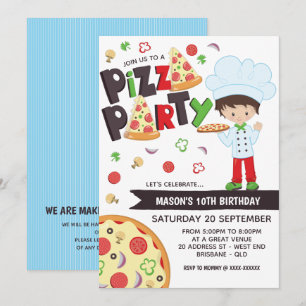 Boy Pizza Party Birthday Invitation Kaart