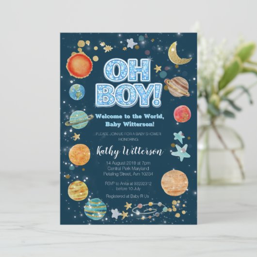 Boy Planets Outer Space Baby Shower Invitation Kaart (Staand voorkant)
