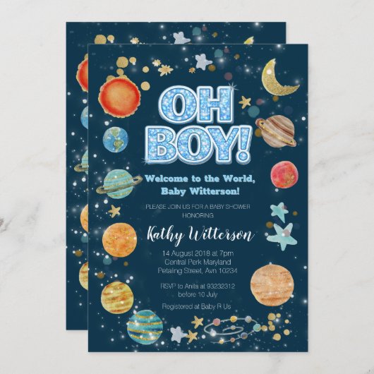 Boy Planets Outer Space Baby Shower Invitation Kaart (Voorkant / Achterkant)