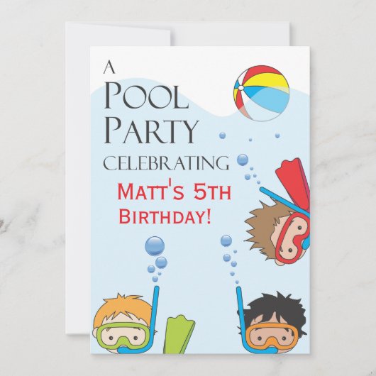 Boy Pool Birthday Party Invitation Kaart (Voorkant)