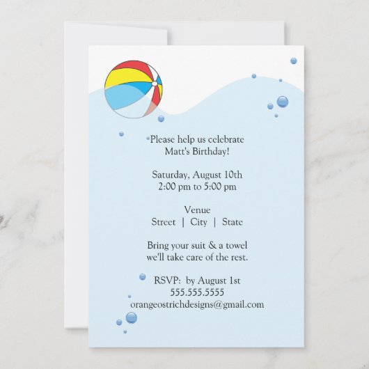 Boy Pool Birthday Party Invitation Kaart (Achterkant)