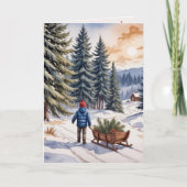 Boy Pulling a Sled With Christmas Evergreen Boughs Kaart (Voorkant)