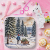 Boy Pulling a Sled With Christmas Evergreen Boughs Papieren Bordje (Feest)