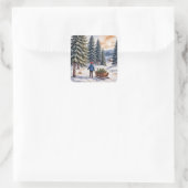 Boy Pulling a Sled With Christmas Evergreen Boughs Vierkante Sticker (Tas)