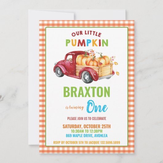 Boy Pumpkin 1st Birthday Party Rode Oogst Truck Kaart (Voorkant)