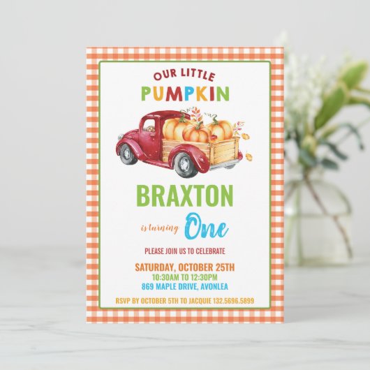 Boy Pumpkin 1st Birthday Party Rode Oogst Truck Kaart (Staand voorkant)