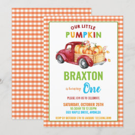 Boy Pumpkin 1st Birthday Party Rode Oogst Truck Kaart