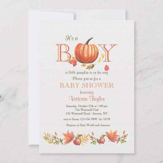 Boy Pumpkin Baby shower Invitation Kaart (Voorkant)